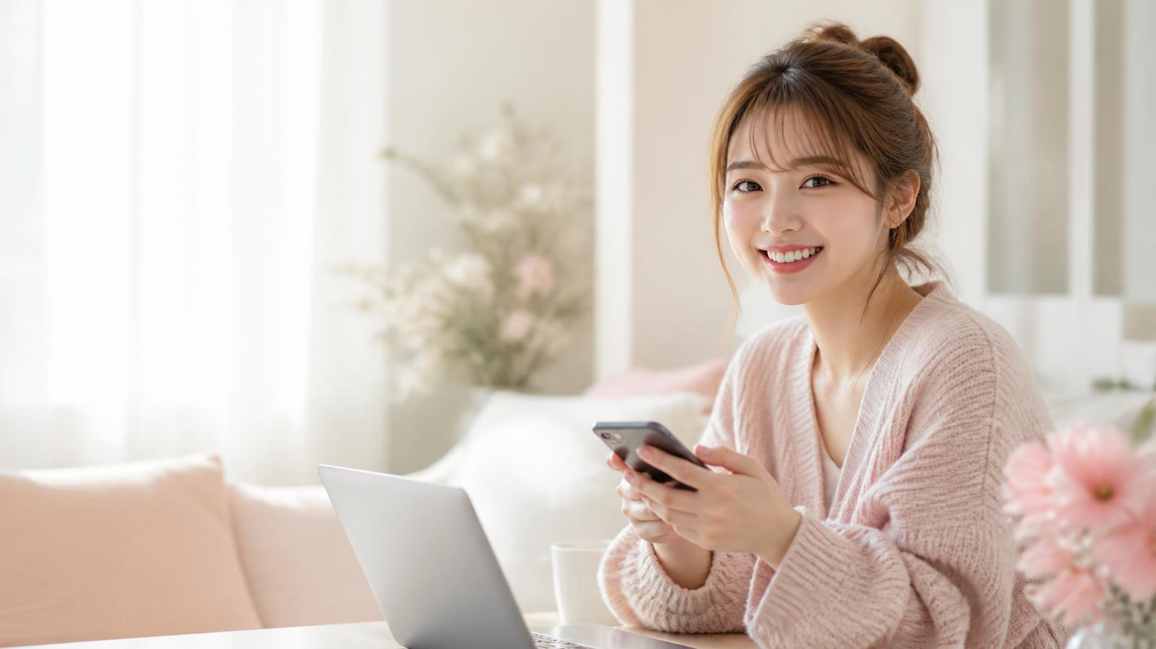明るい室内でスマートフォンを手に微笑む女性