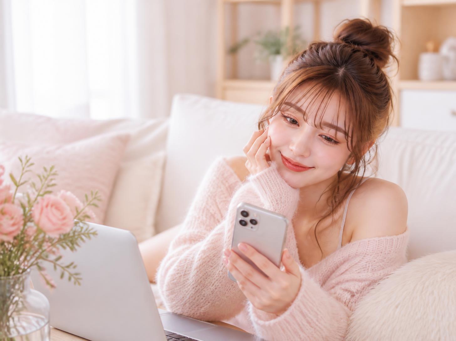 スマートフォンでチャットを楽しむ女性